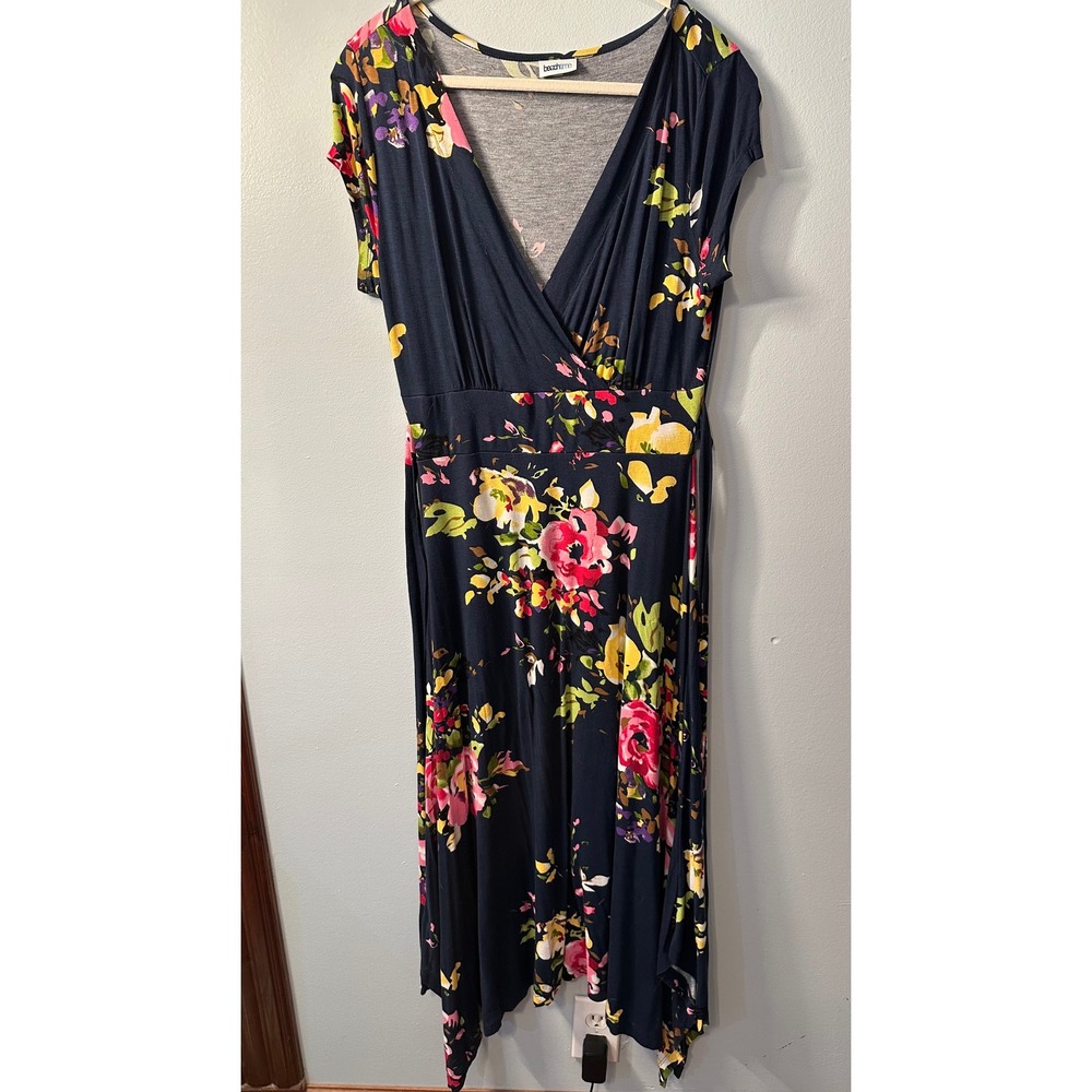Beachtime Navy Blue Floral V-Neck Empire Waist Handkerchief Hem Midi Dress Sz 40